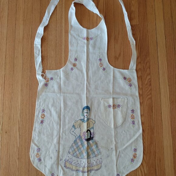 Vintage Full Apron Pinafore Handmade Embroidered Lady Flowers AS IS Flaws Ripped - Picture 2 of 14